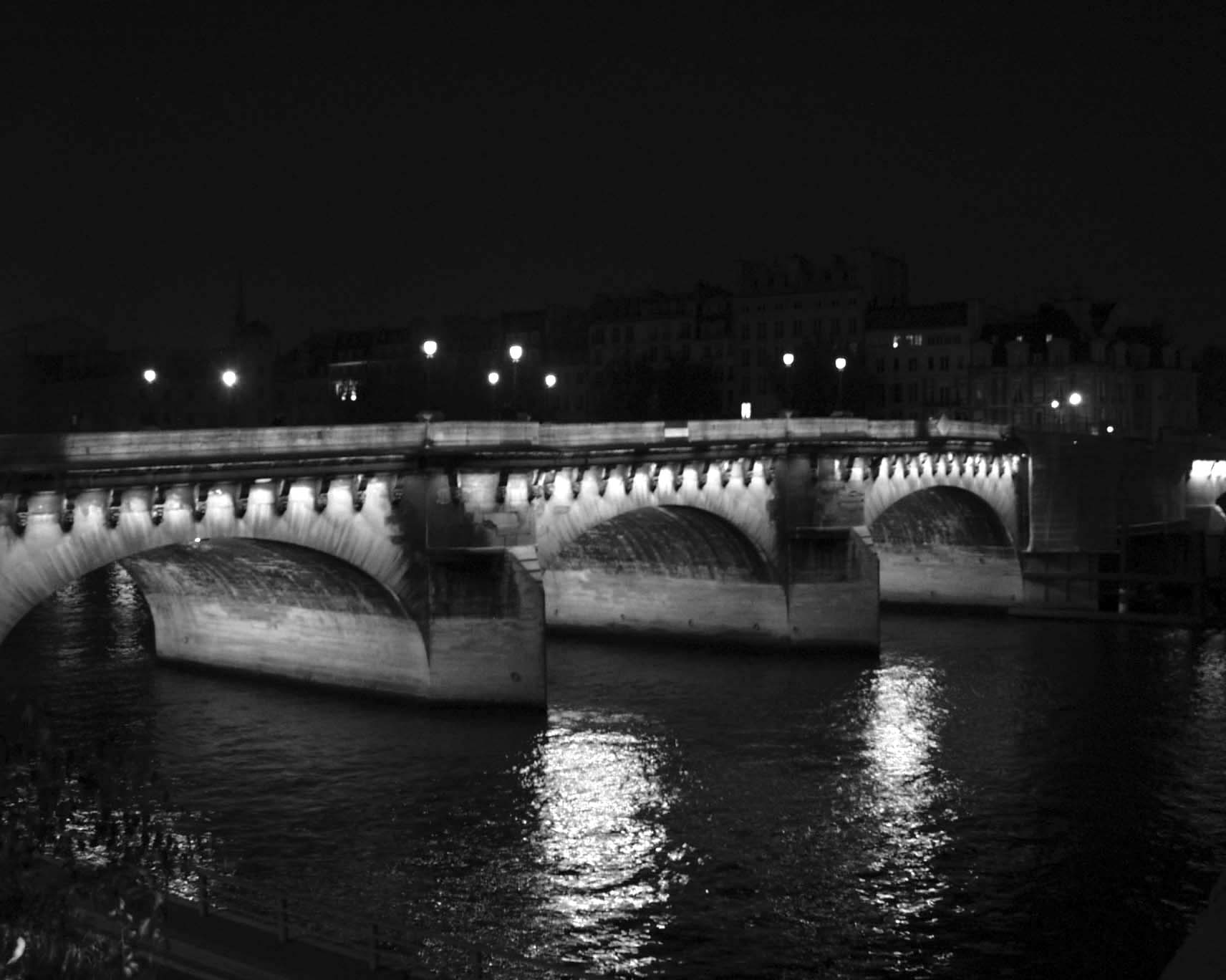Pont Neuf lit at night, reflected in the Seine