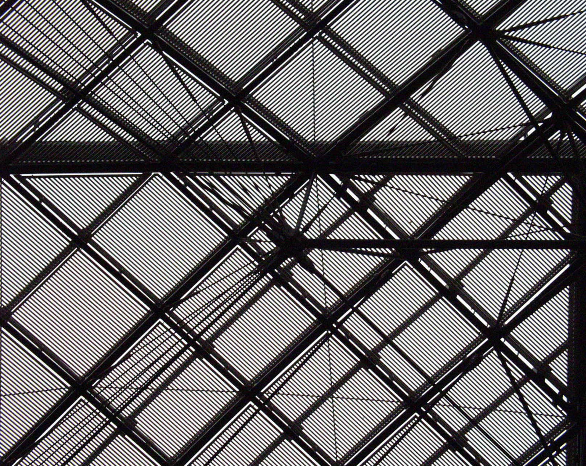 Black iron and glass roof, a dense grid of diagonals