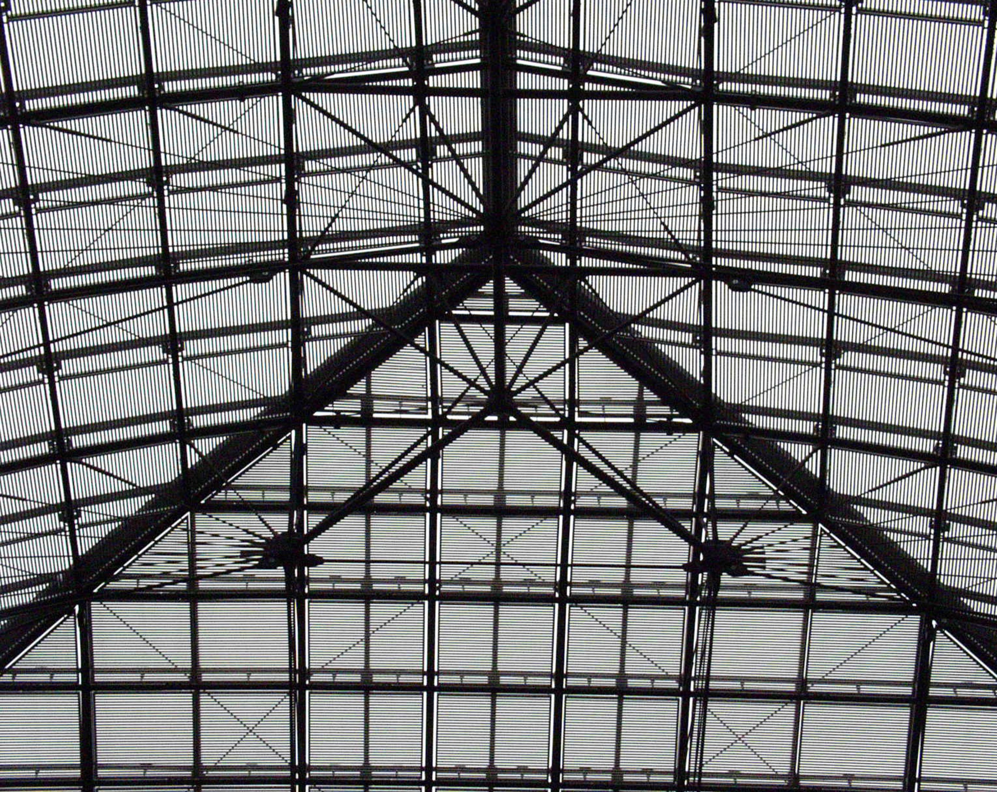 Iron and glass roof meeting at a central peak, symmetrical